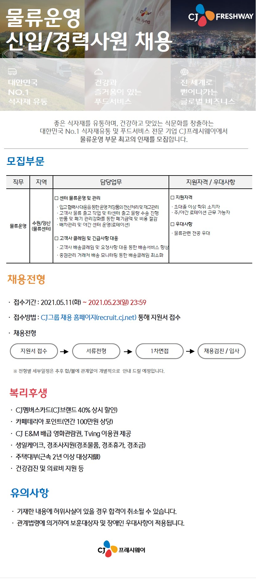 CJ프레시웨이 채용 | CJ프레시웨이 물류운영 신입/경력사원 모집 - 슈퍼루키 CJ프레시웨이