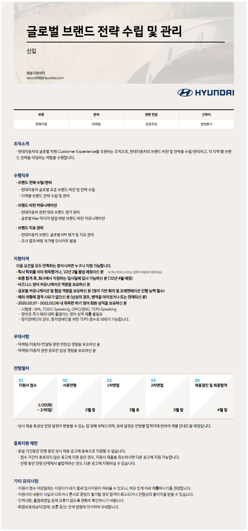 현대자동차 채용 | 전략지원 부문 글로벌 브랜드 전략 수립 및 관리 신입 채용 - 슈퍼루키 현대자동차