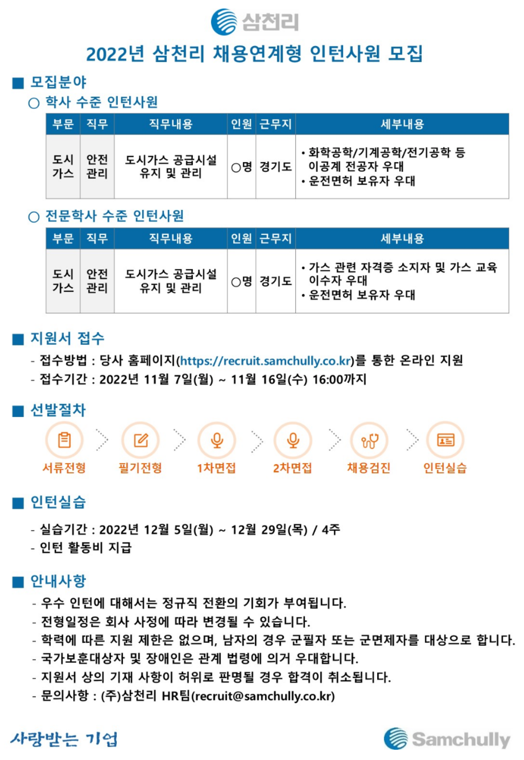 삼천리 채용 | 2022년 학사/전문학사 채용연계형 인턴사원 채용 - 슈퍼루키 삼천리